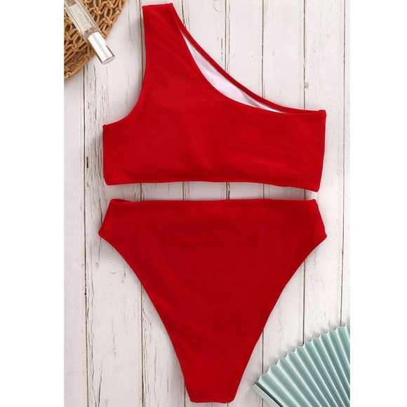 NWOT One Shoulder Bikini High Waisted Cutout Crop Top Swimsuit - Picture 3 of 6